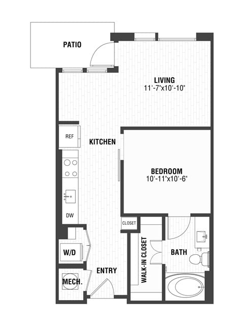 Floor plan for 1 bed, 1 bath, 642 sqft